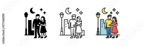 romantic city night walk icon on white background Black silhouette flat icon outline icon and colored icon style. 1x3 grid. three minimal vector icon style. centered composition clear white