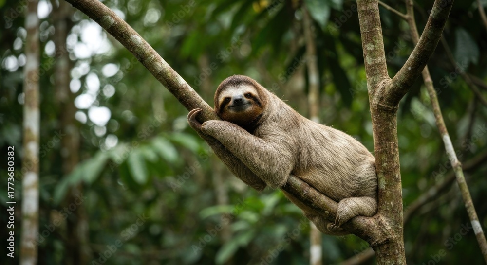 Naklejka premium Sloth resting comfortably in a lush green forest canopy, clinging to a branch