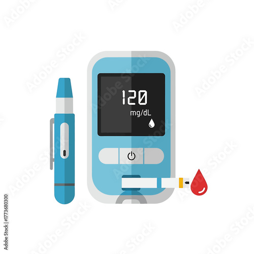 Medical equipment for diabetes management, including a glucometer displaying blood sugar results, a lancing device, and a test strip with a blood drop