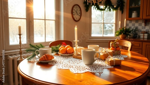 Cozy winter breakfast scene with gifts and sunlight