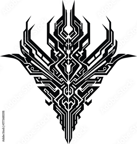Intricate black tribal symbol with sharp geometric lines and futuristic alien or mechanical design elements on a white background evoking a sense of power and mystery