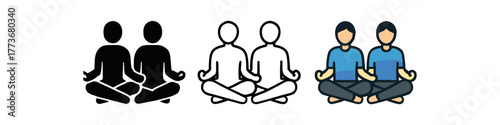 partners meditating together icon on white background Black silhouette flat icon outline icon and colored icon style. 1x3 grid. three minimal vector icon style. centered composition clear
