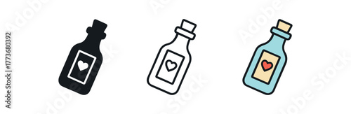 love letter bottle icon on white background Black silhouette flat icon outline icon and colored icon style. 1x3 grid. three minimal vector icon style. centered composition clear white space