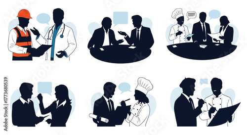 Silhouettes of diverse professionals in discussion illustrations of business and service workers isolated on white background