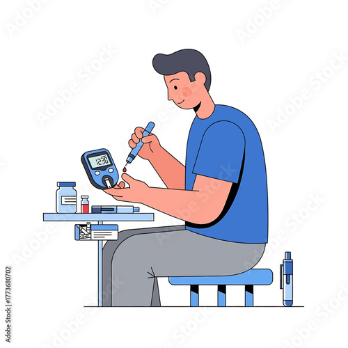 A man sitting at a desk and using a lancet and glucometer to measure his blood glucose level for diabetes control