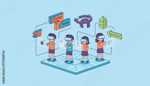A group of children using virtual reality headsets exploring coding concepts in immersive environments that make learning fun.