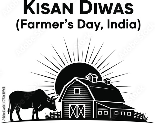 Kisan diwas farmers day, india vector illustration barn, sun and cow for the holiday celebration