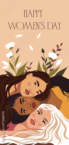 Portrait of young women of different skin colors and nationalities posing against the background of snowdrop flowers. Women's Day. For banner, advertisement, website, postcard.  Women's empowerment.