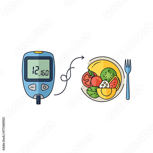 Illustration showing a glucose meter connected by a line to a healthy meal, symbolizing diabetes management through diet.