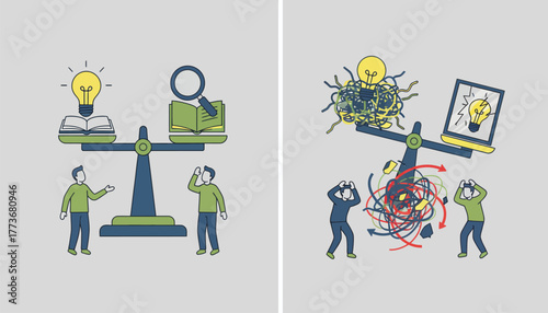 A split image showing two different interpretations of the same news event one with clear truth and the other filled with misleading visuals.