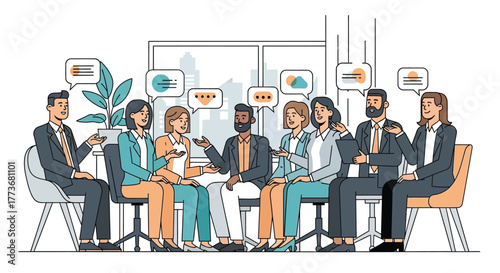 Diverse group of business people brainstorming ideas sitting in a circle flat illustration for teamwork and collaboration concepts