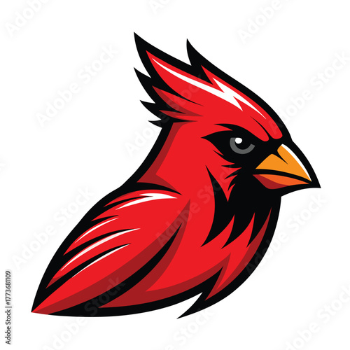 Illustrative depiction of a cardinal bird with vibrant red plumage and black accents.