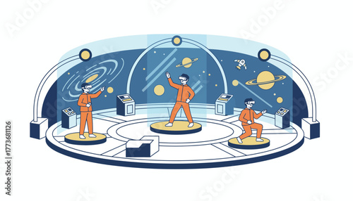 A virtual reality station where students experience simulations of space exploration fostering interest in astrophysics and engineering.