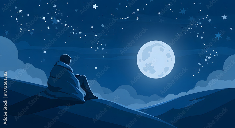 Obraz premium A solitary figure gazes at the luminous full moon under a star-studded night sky, contemplating the vastness of the universe from a tranquil hilltop