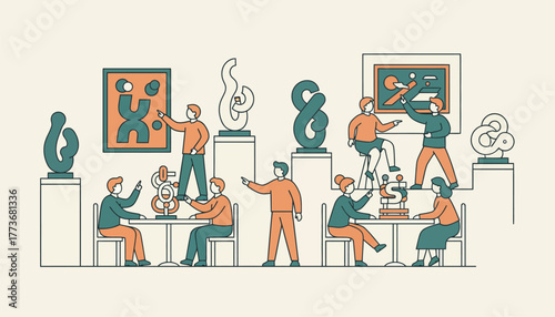 An artinspired celebration featuring local artists work creative centerpieces and an atmosphere that encourages guests to interact with the art.