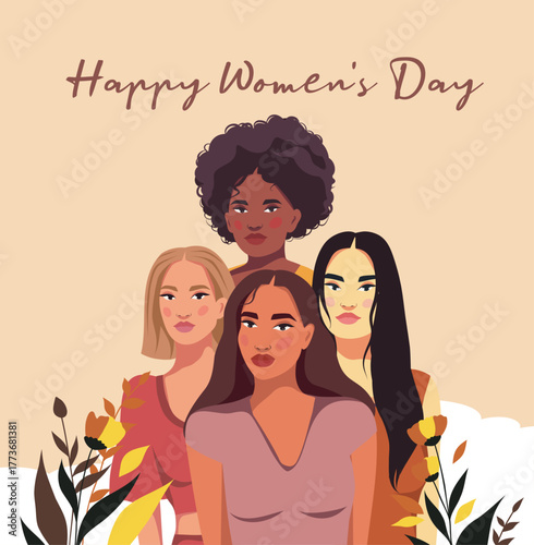 Vector greeting card with Women's Day. Different women with different skin colors stand together on a background of flowers. For banner, advertisement, website, postcard. Women's empowerment.