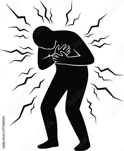 Silhouette of a man clutching his chest in pain illustration depicting a heart attack or severe chest pain isolated on white