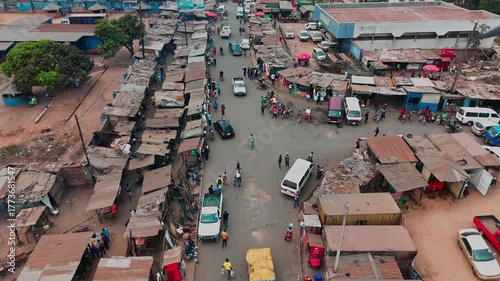 Aerial view of busy market street in Malawi