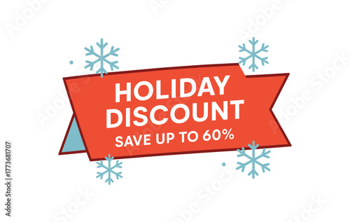Holiday discount save up to 60 percent ribbon banner with snowflakes. Christmas sale, festive design. Flat vector illustration.
