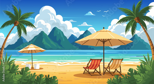 Serene tropical beach with empty lounge chairs and umbrellas on the sand overlooking the ocean and mountains. Vector illustration for a summer vacation