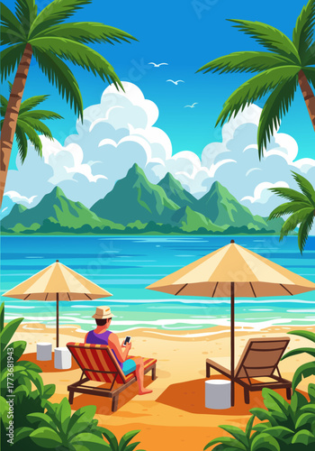 Serene Tropical Beach Scene with Palm Trees, Lounge Chairs, and a Person Enjoying the Ocean View Under a Blue Sky