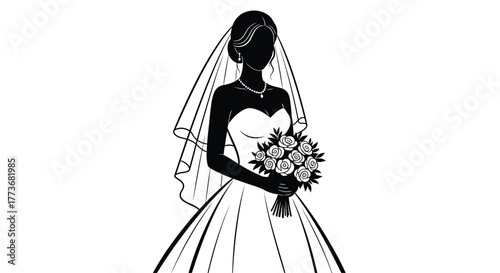 Elegant bride silhouette in a wedding dress holding a bouquet of flowers illustration for wedding invitations and designs