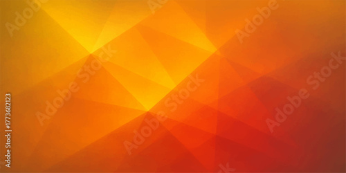 An abstract orange vector background illustration features a bright, soft geometric pattern of yellow and red triangles with subtle light effects