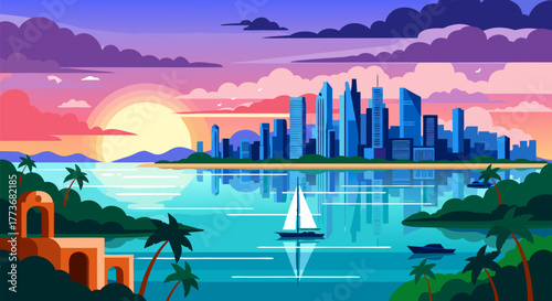 Vibrant illustration of a modern city skyline across a tranquil bay with a sailboat at sunset, framed by tropical palm trees