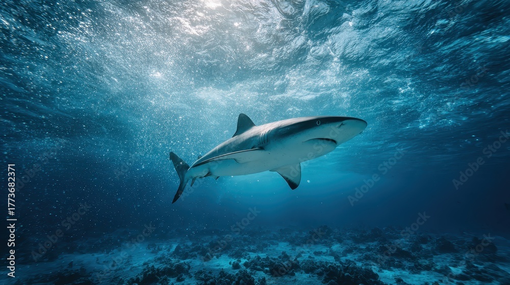 Fototapeta premium Swimming shark gliding through clear ocean waters with sunlight filtering from above