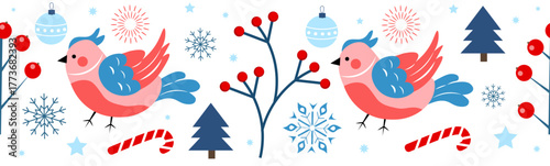 Seamless Christmas Ornament with Birds, Snowflakes, Berries and Christmas Trees on a White Background