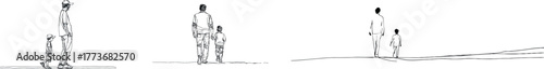 In this continuous line drawing, a father is walking hand in hand with his son
