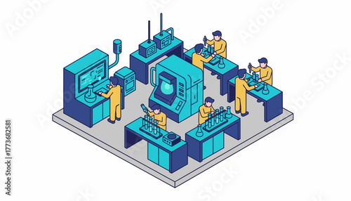 An engaging isometric science lab with researchers working on experiments colorful test tubes and advanced technology.