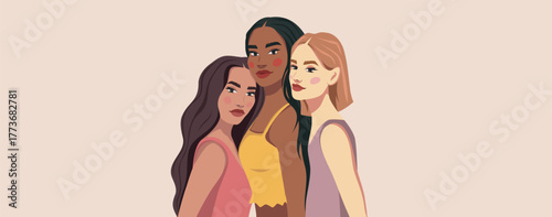 Women girls of different nationalities and skin colors stand together. Women's day greeting card. Movements for gender equality and women's empowerment. Vector banner with space for text.