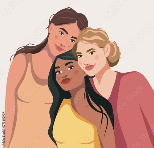 Women group women girls of different cultures and skin colors. Kind smiles pleasant emotions. Feminism. International Women's Day. Movements for gender equality and women's empowerment. Vector banner