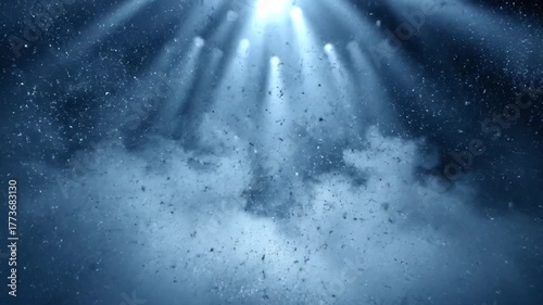 Atmospheric abstract scene with bright spotlights, falling particles, and misty fog