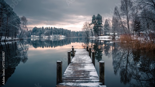 Winter lake scenery with snow-covered dock and calm water reflecting cloudy skies during sunset