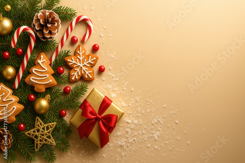 Composizione natalizia con regalo, pigne e rami di abete e decorazioni dorate su sfondo chiaro. Generative AI
