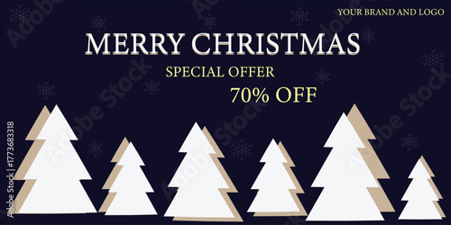 Minimalist Christmas Sale Banner with White Trees and Snowflake on Dark Blue Background