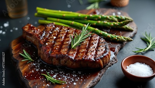 Grilled bone-in steak with grill marks rests on rustic wood board. Fresh green asparagus, rosemary sprigs garnish dish. Coarse sea salt sits in small bowl next to appetizing meal. Delicious dinner