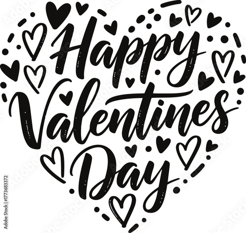 Happy valentines day handwritten calligraphy text inside a heart shape with small hearts
