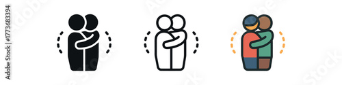 long distance reunion hug icon on white background Black silhouette flat icon outline icon and colored icon style three minimal vector icon style