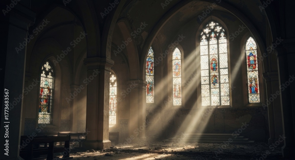 Obraz premium Sunbeams illuminate interior church with stained glass, worn floor, and empty pews
