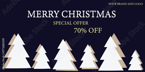 Minimalist Christmas Sale Banner with White Trees on Dark Blue Background
