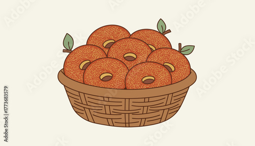 A basket filled with freshly baked apple cider donuts dusted with cinnamon sugar evoking the flavors of autumn.