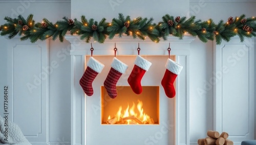 Cozy fireplace with stockings for festive celebrations