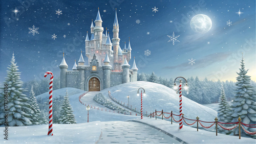 Magical winter castle in a snowy landscape with candy canes and moonlight