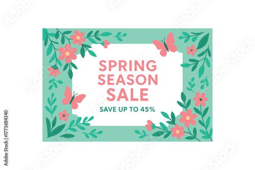 Spring season sale save up to 45 percent banner with flowers and butterflies. Seasonal sale, floral design. Flat vector illustration.