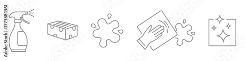 Set of clean home concept linear icons. Includes cleaning cloth, spray, rubber gloves, detergent, dirty spot, shiny clean surface, and sponge. Ideal for housekeeping, hygiene, cleaning service design.