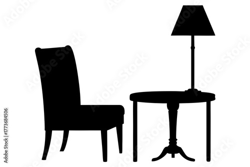 A classic upholstered dining chair stands beside a small round side table with a tall floor lamp on top presented in a stark black silhouette against a white background