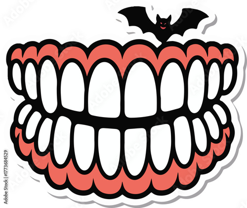 Spooky Halloween vector false teeth with a small bat perched on the gums sticker style graphic design